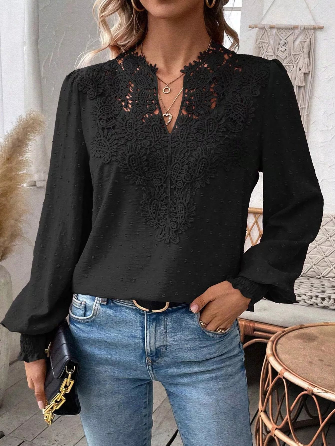 Swiss Dot Lace Detail Long Sleeve Blouse  Shop One Place