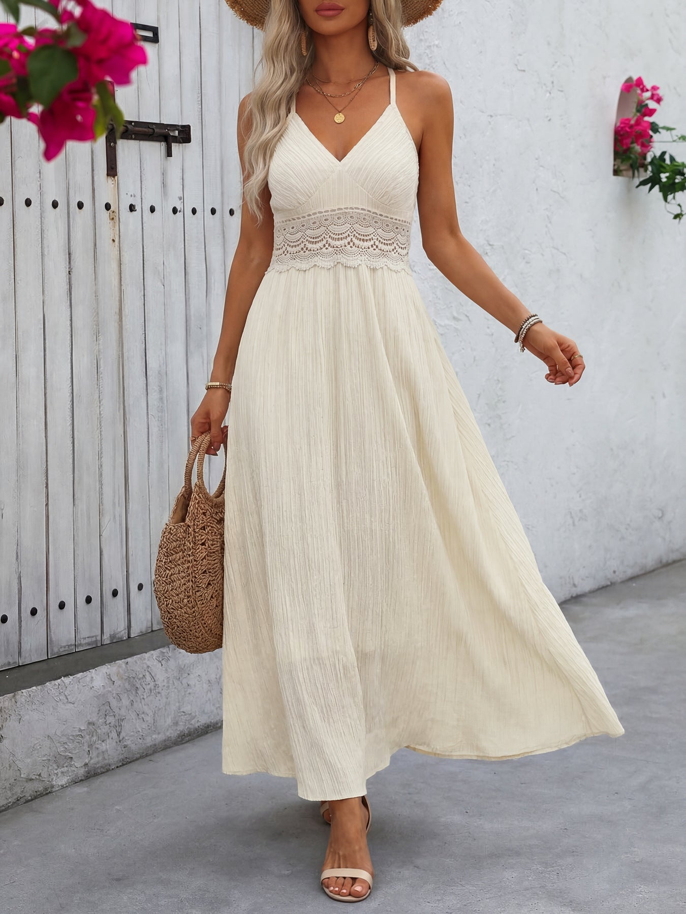 Lace Trim V-Neck Maxi Dress  Shop One Place