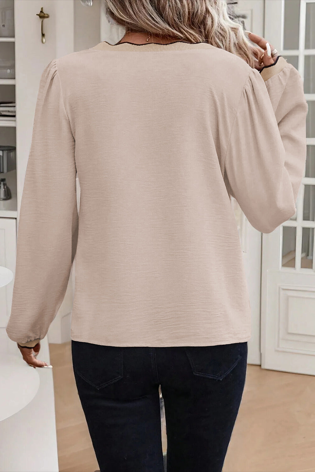Jet Stream Contrast Scallop Trim V Neck Long Sleeve Top  Shop One Place
