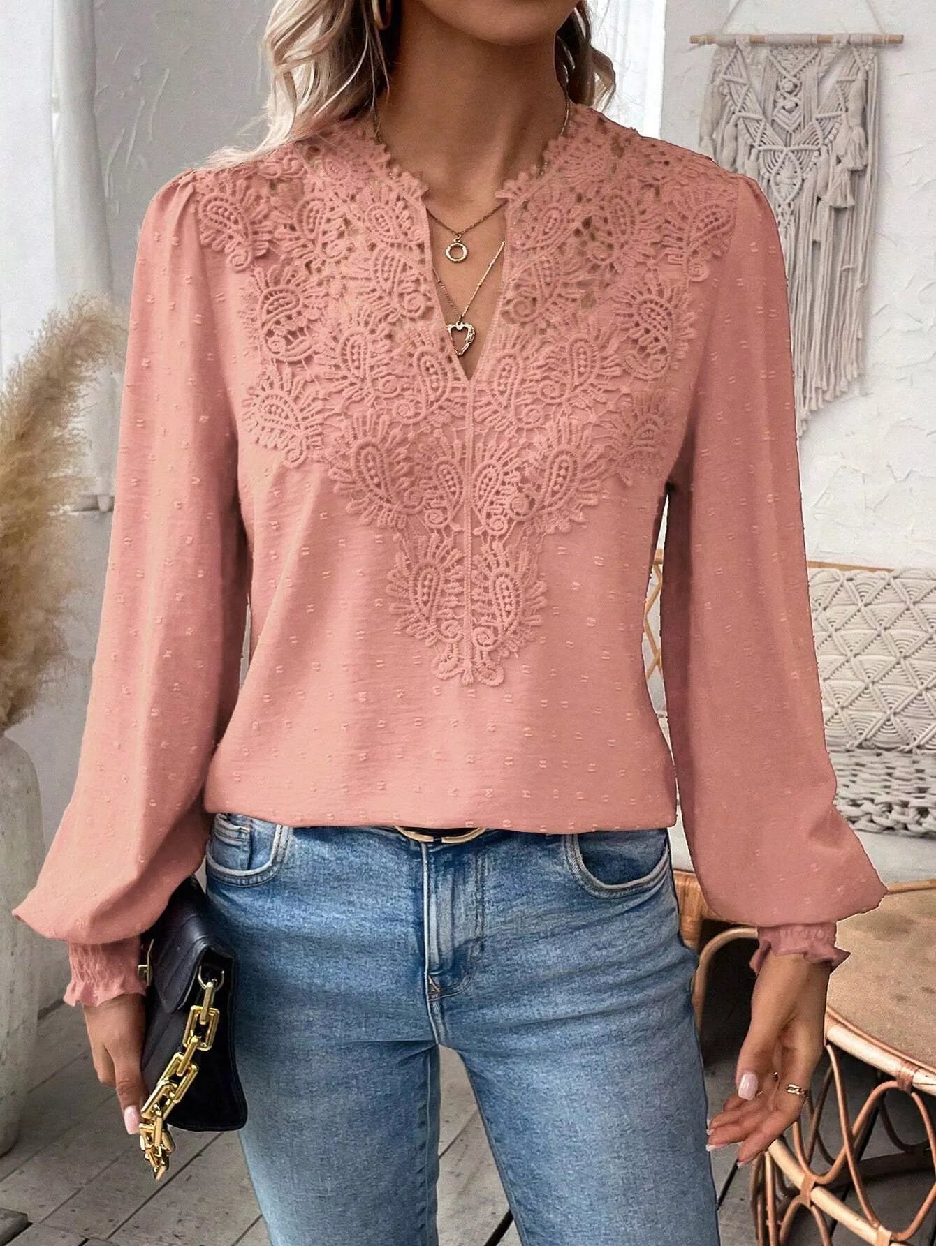 Swiss Dot Lace Detail Long Sleeve Blouse  Shop One Place