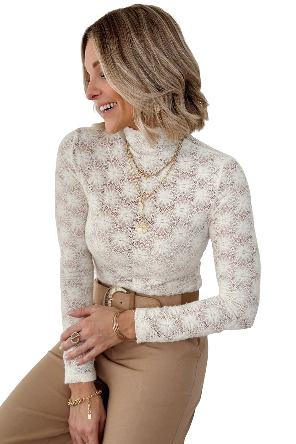 White Floral Lace High Neck Slim Fit Long Sleeve Top