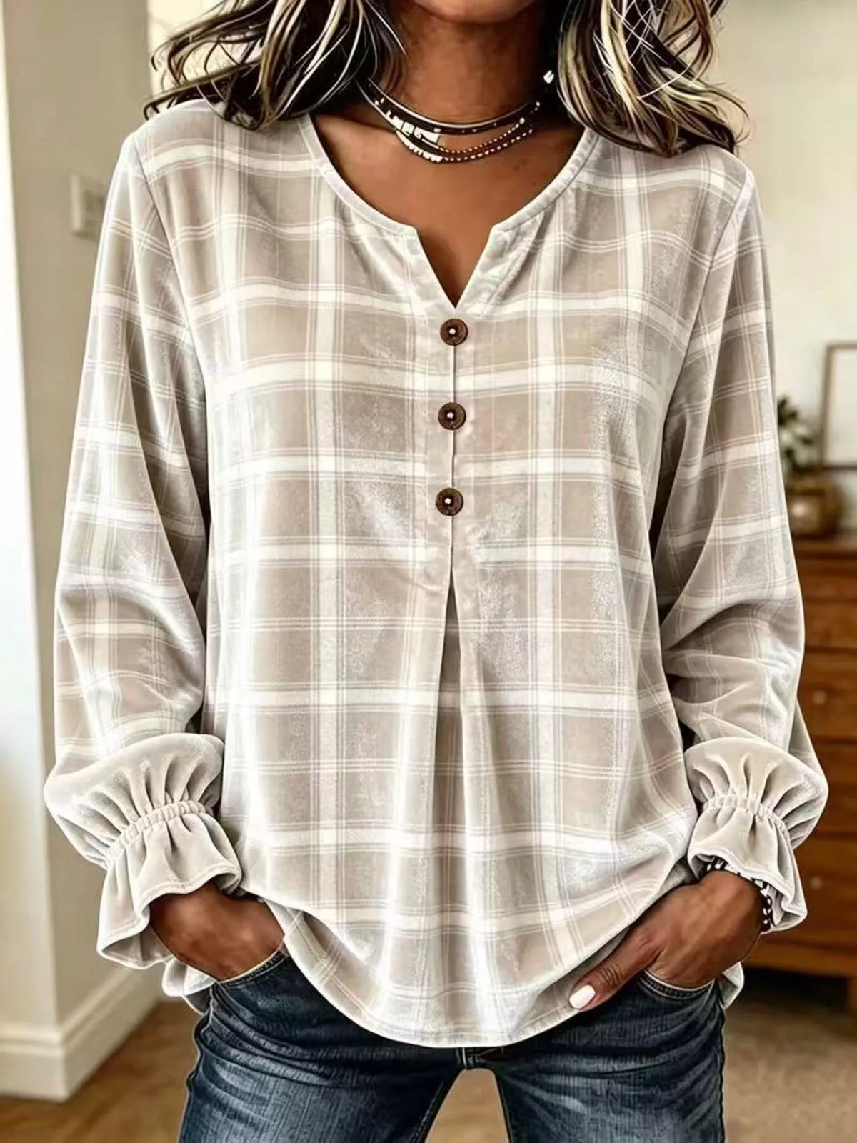 Women's Plaid Velvet Flounce Sleeve Blouse – view 19