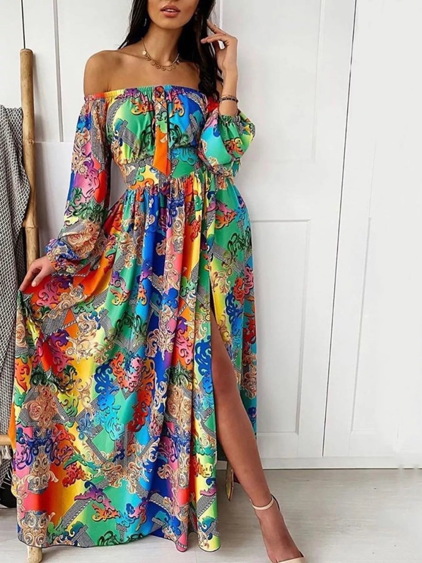 Slit Printed Off Shoulder Maxi Dress  Shop One Place