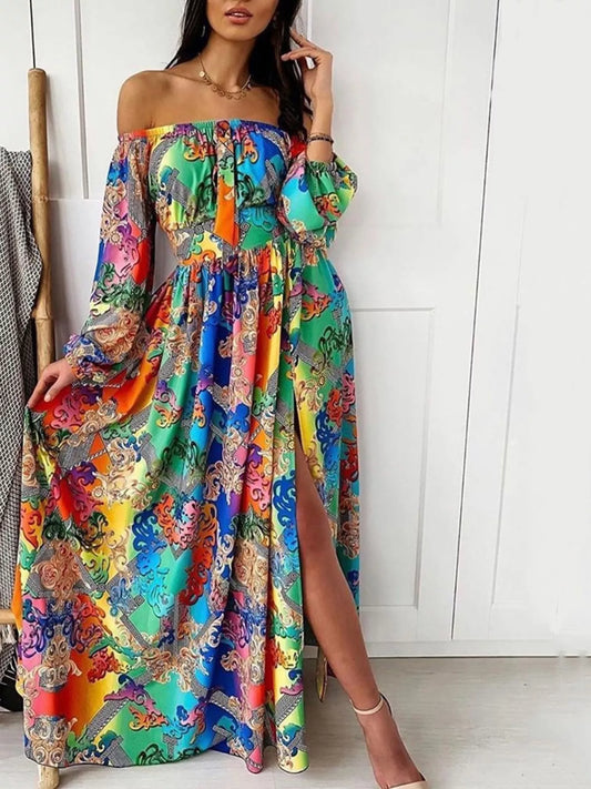 Slit Printed Off Shoulder Maxi Dress  Shop One Place