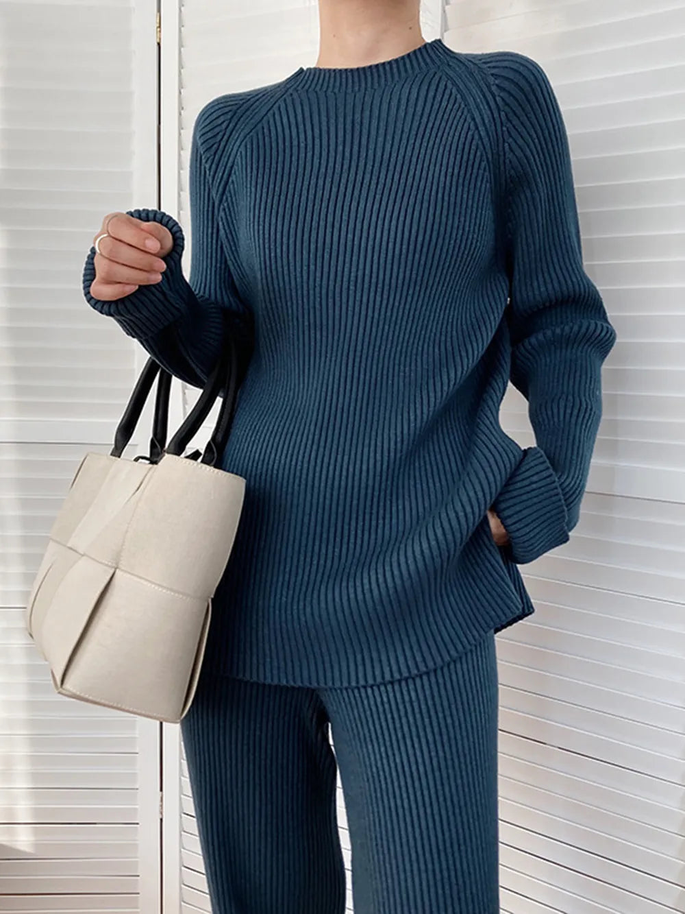 Mock Neck Raglan Sleeve Top and Pants Sweater Set  Shop One Place