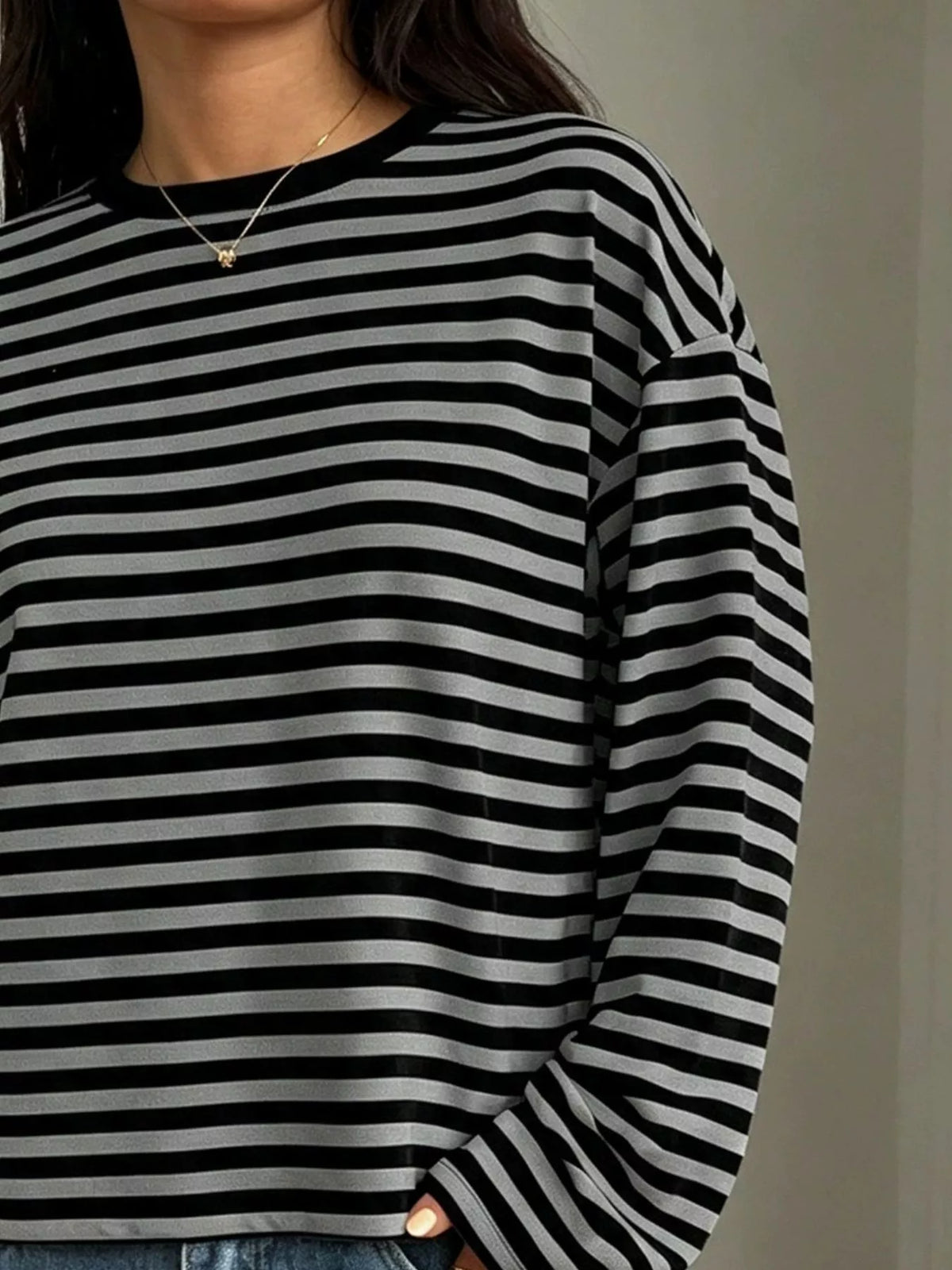 Striped Long Sleeve Crew Neck T-Shirt Plus Size in Multicolor