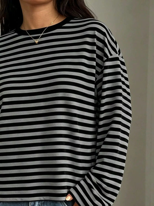 Striped Long Sleeve Crew Neck T-Shirt Plus Size in Multicolor