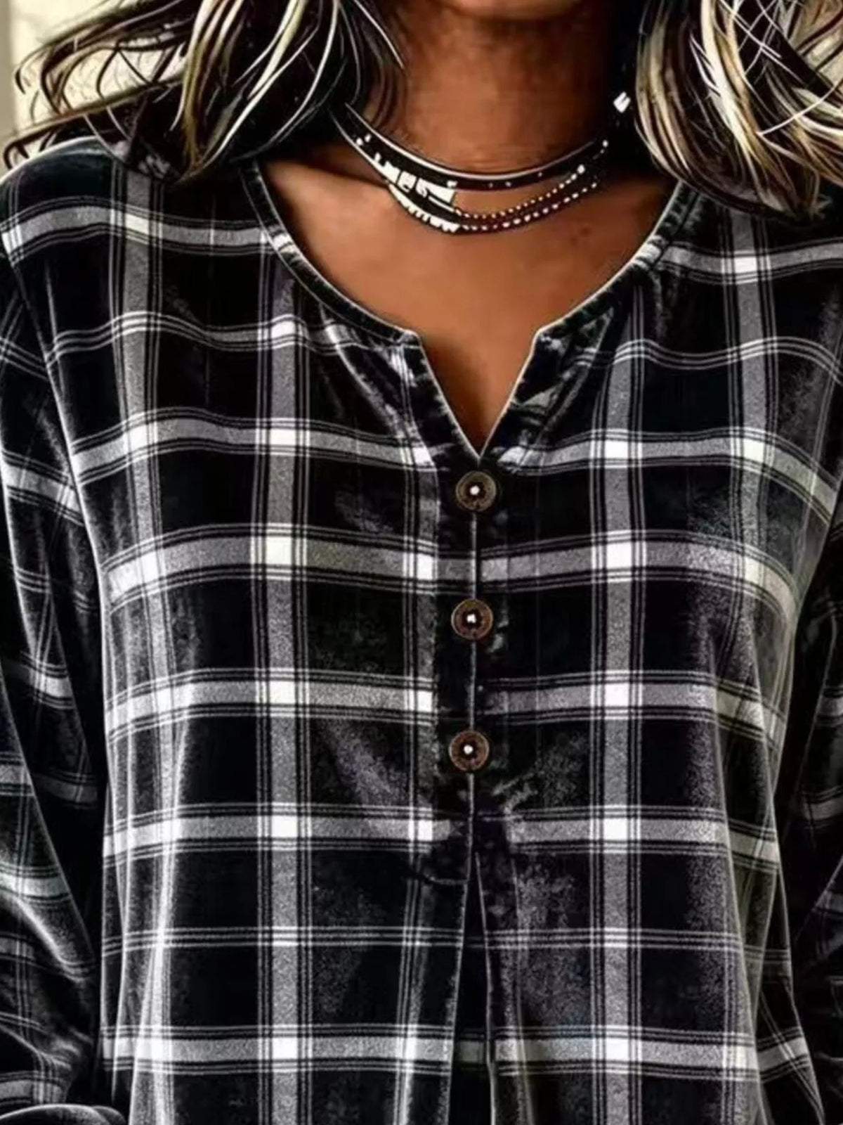 Women's Plaid Velvet Flounce Sleeve Blouse – view 8