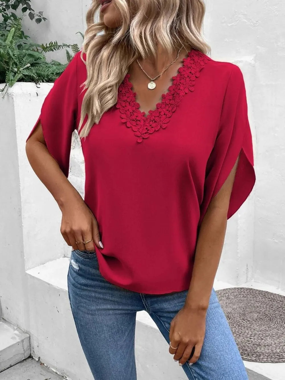 Lace Detail V-Neck Half Sleeve Blouse  Shop One Place