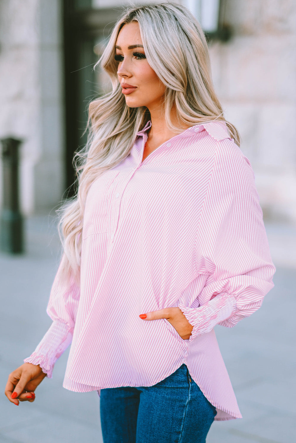 Light Blue Striped Casual Shirred Cuffs Shirt