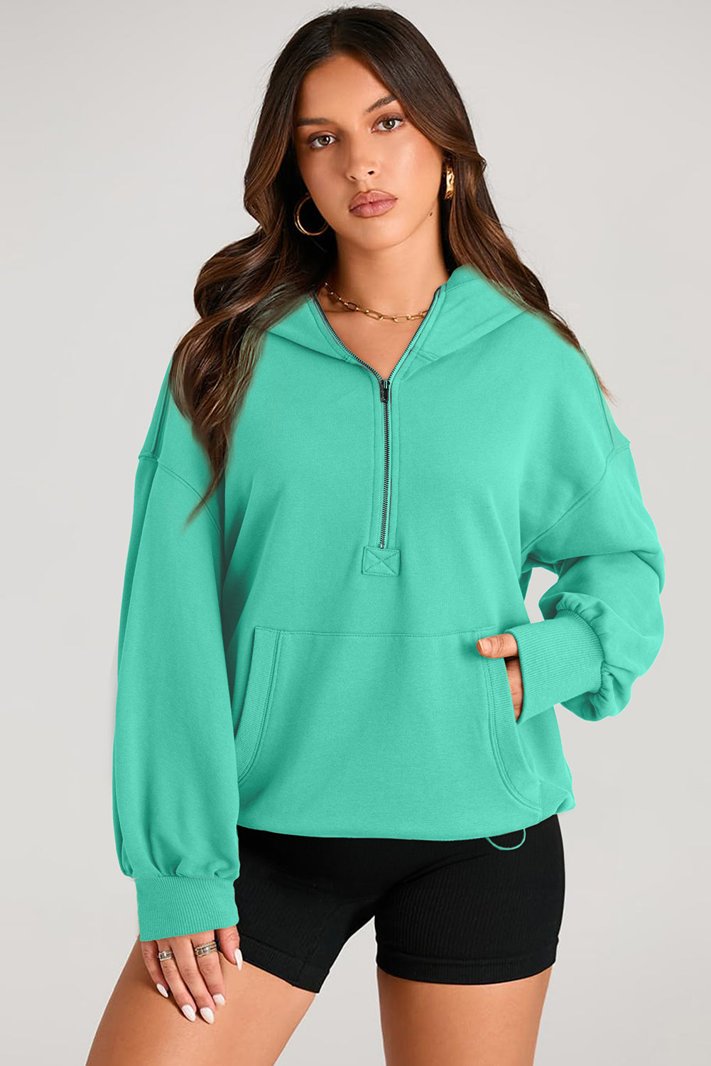 Moss Green Kangaroo Pocket Half Zipper Oversized Hoodie