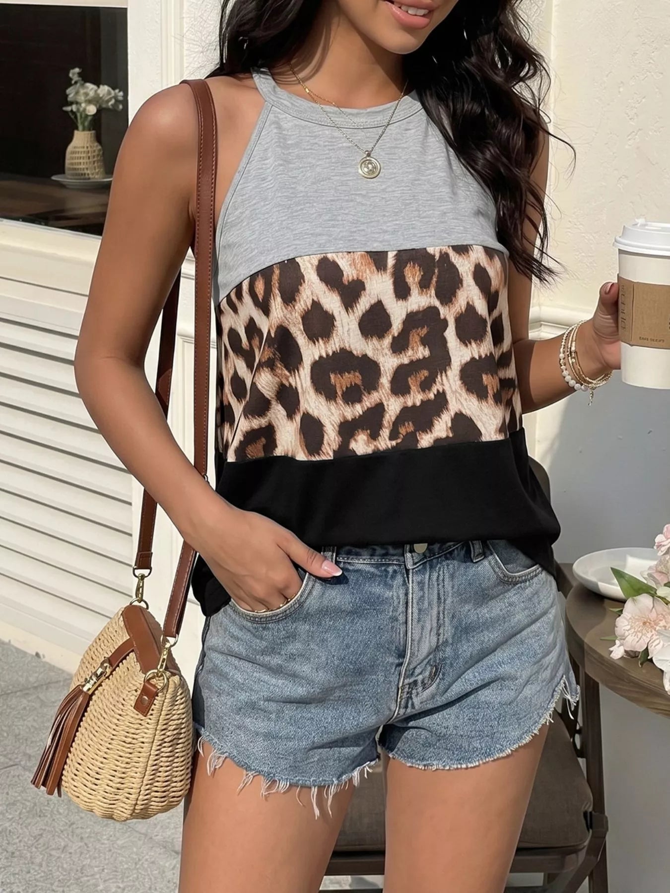 Leopard Print Color Block Tank  Shop One Place