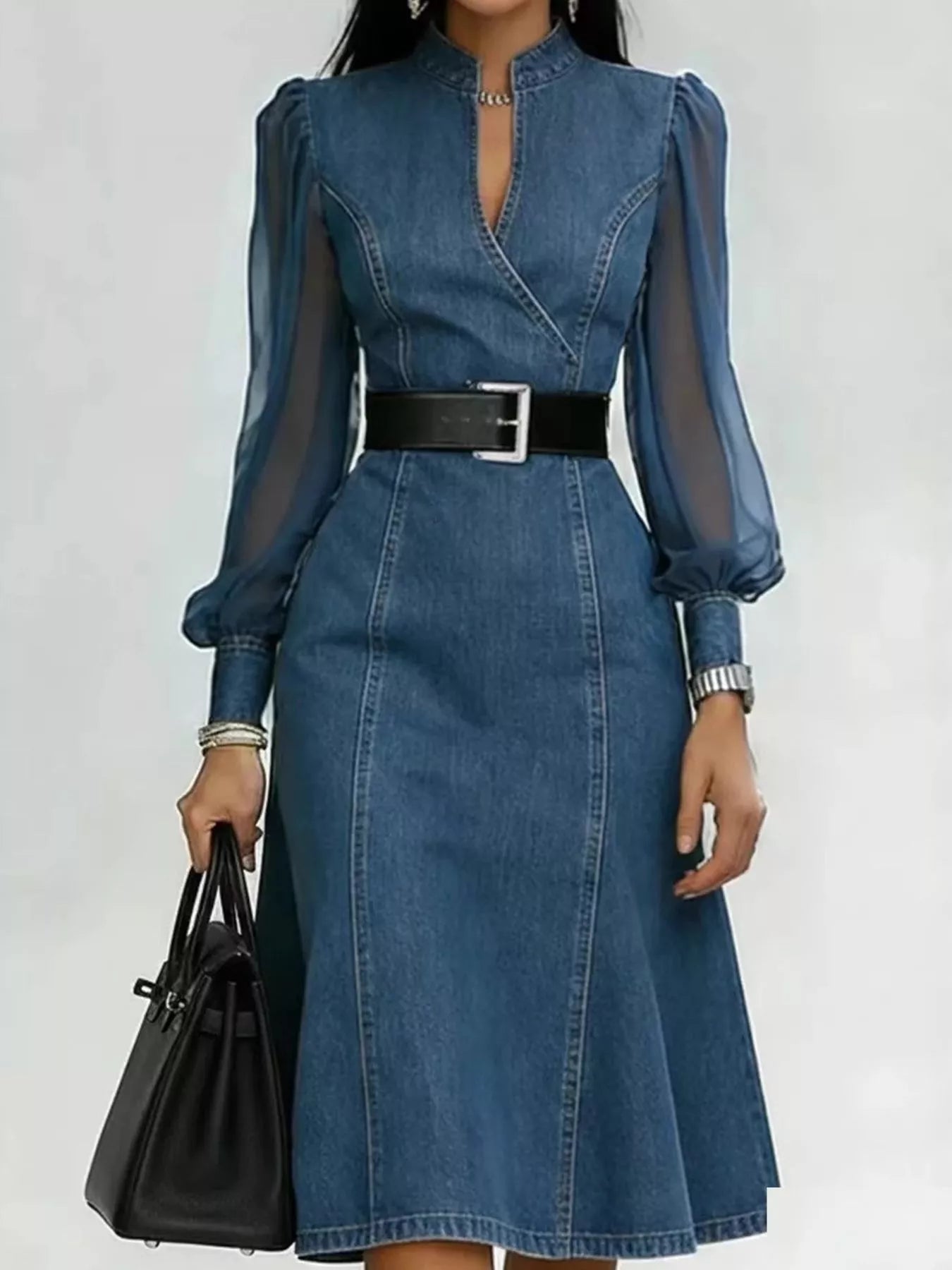 Denim Midi Dress with Sheer Sleeves  Shop One Place