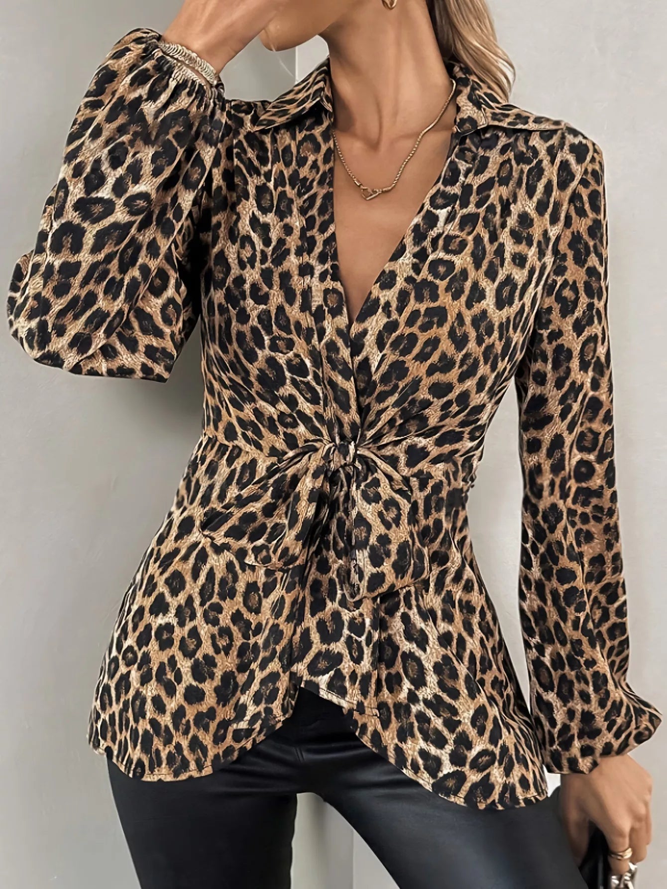 Leopard Print Tie Front Long Sleeve Blouse  Shop One Place