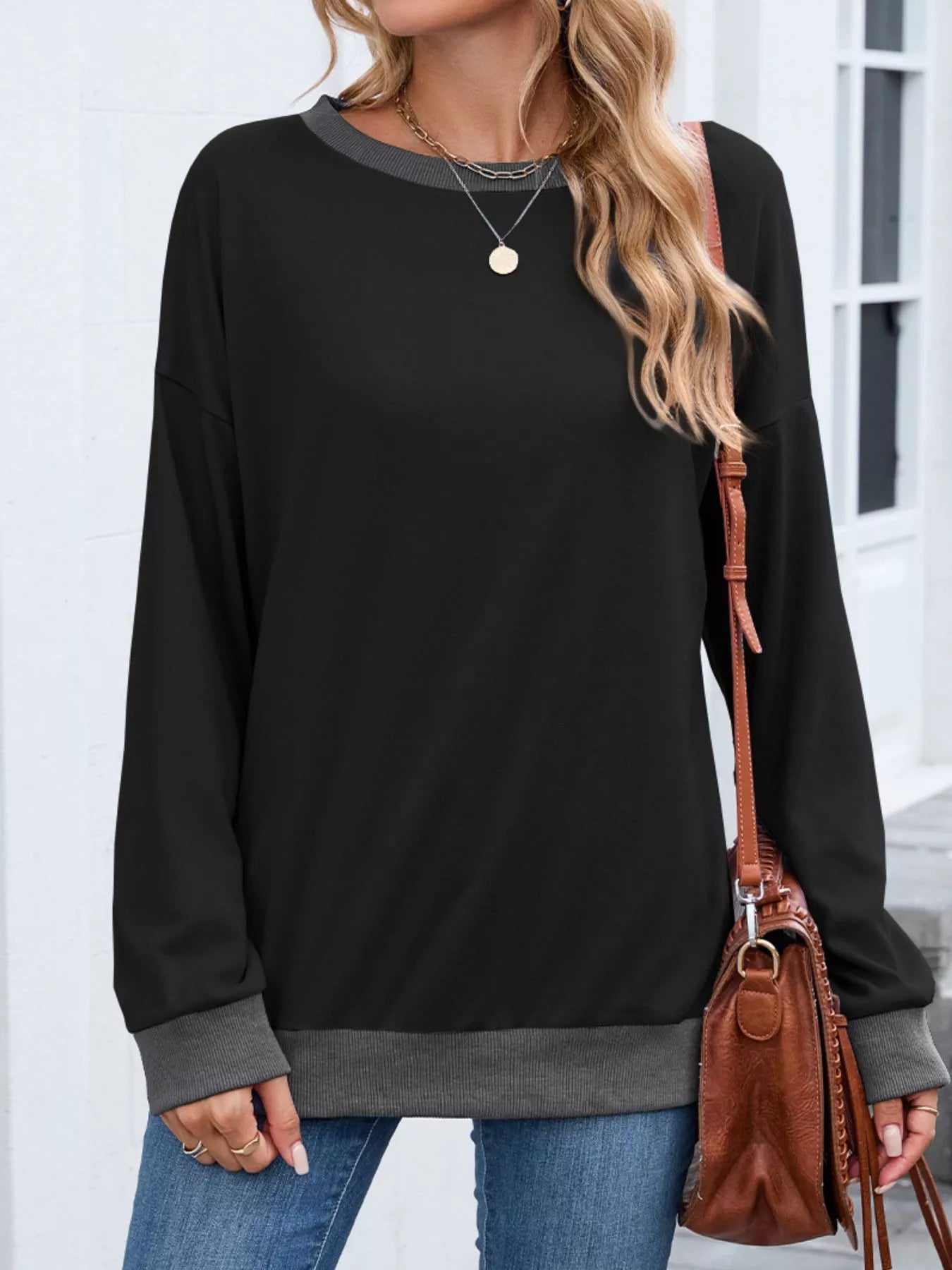 Contrast Trim Long Sleeve Sweatshirt  Shop One Place