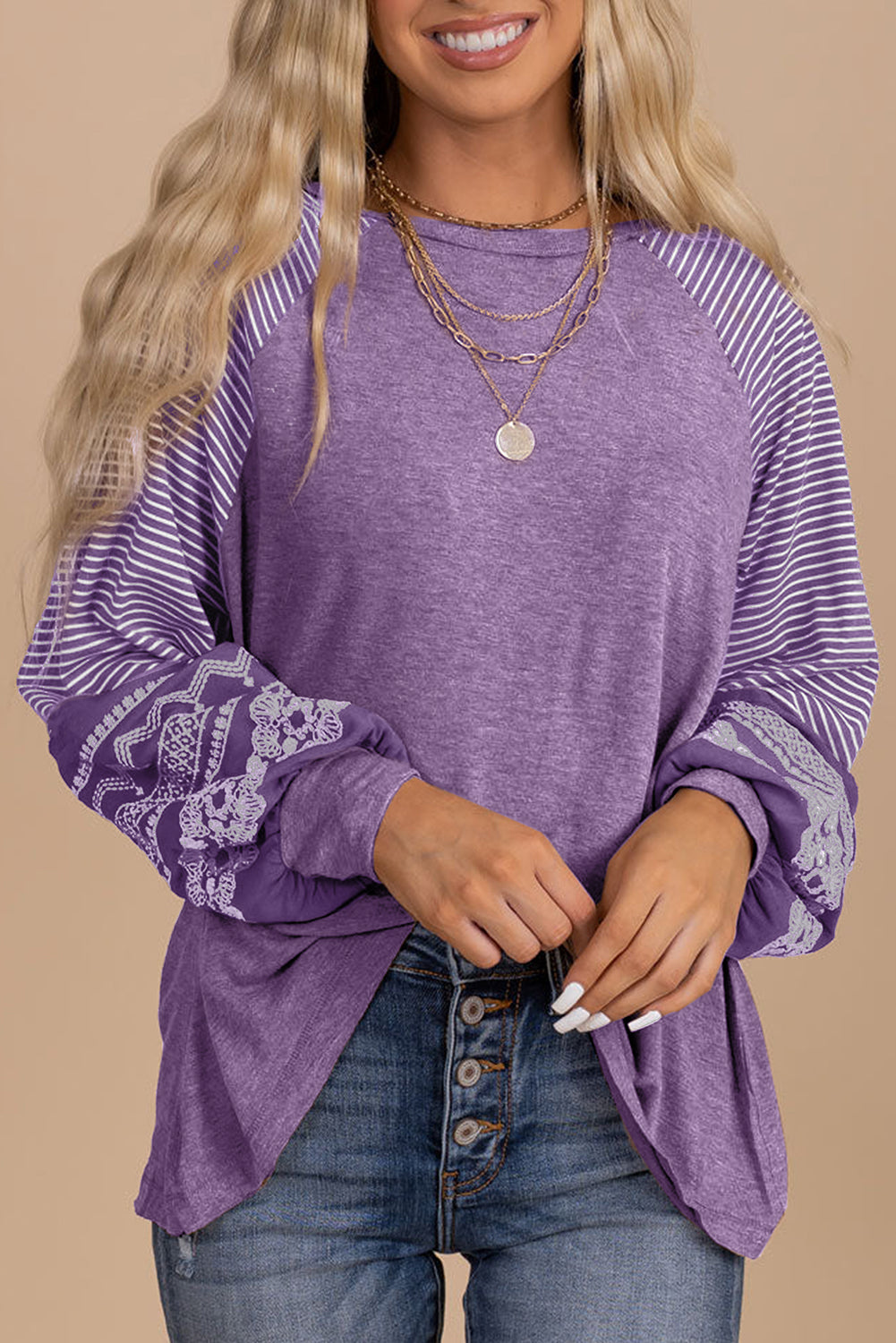 Contrast Print Striped Raglan Long Sleeve Loose Top  Shop One Place