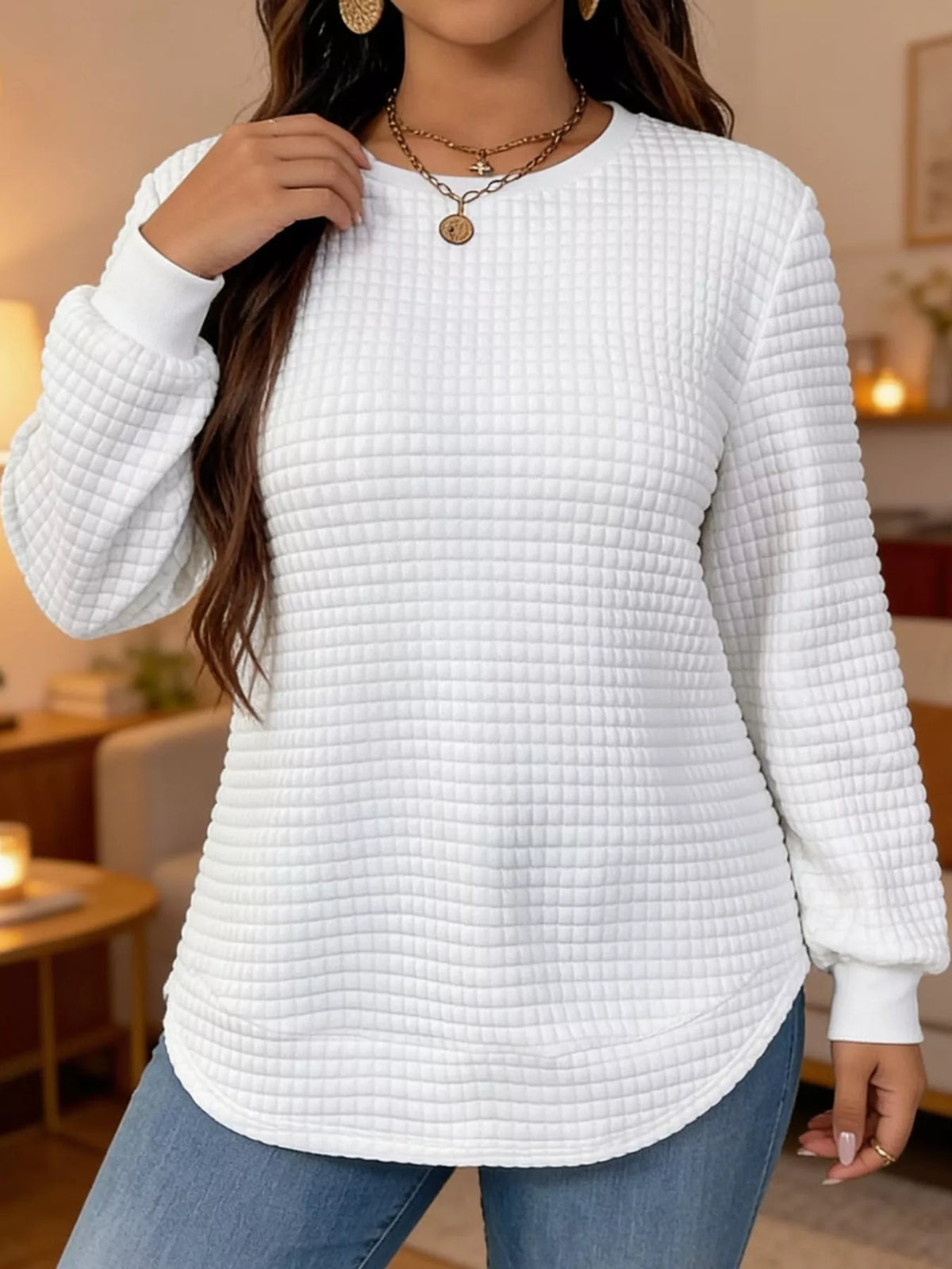 Women's Plus Size Waffle Knit Crew Neck Sweatshirt – view 3