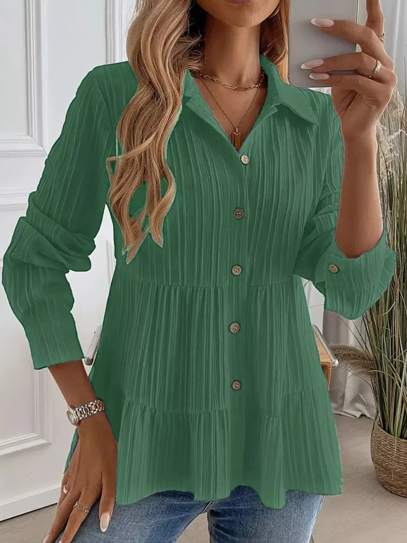 Button-Down Long Sleeve Tiered Shirt  Shop One Place