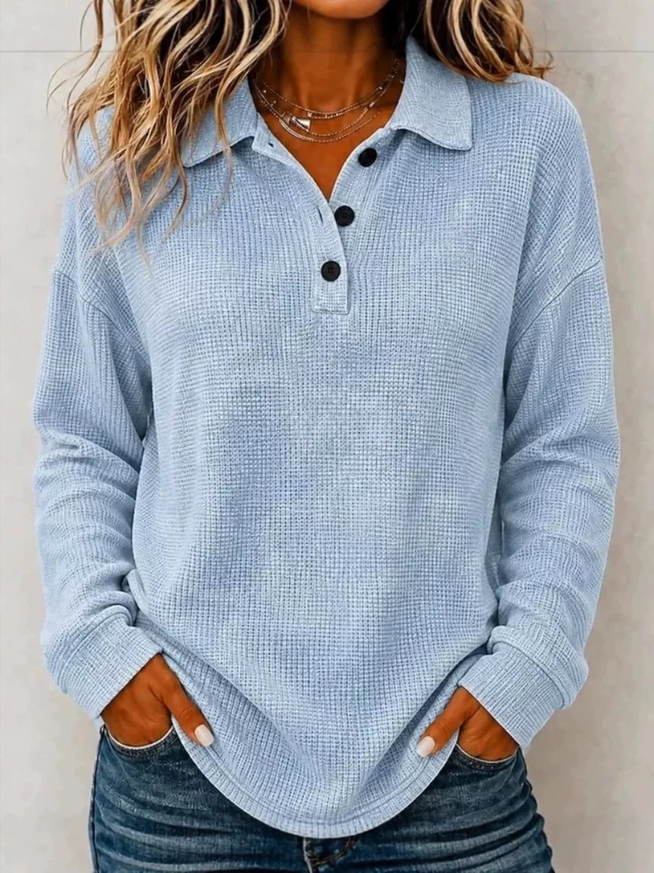 Full Size Waffle Knit Dropped Shoulder Polo Top Plus Size  Shop One Place