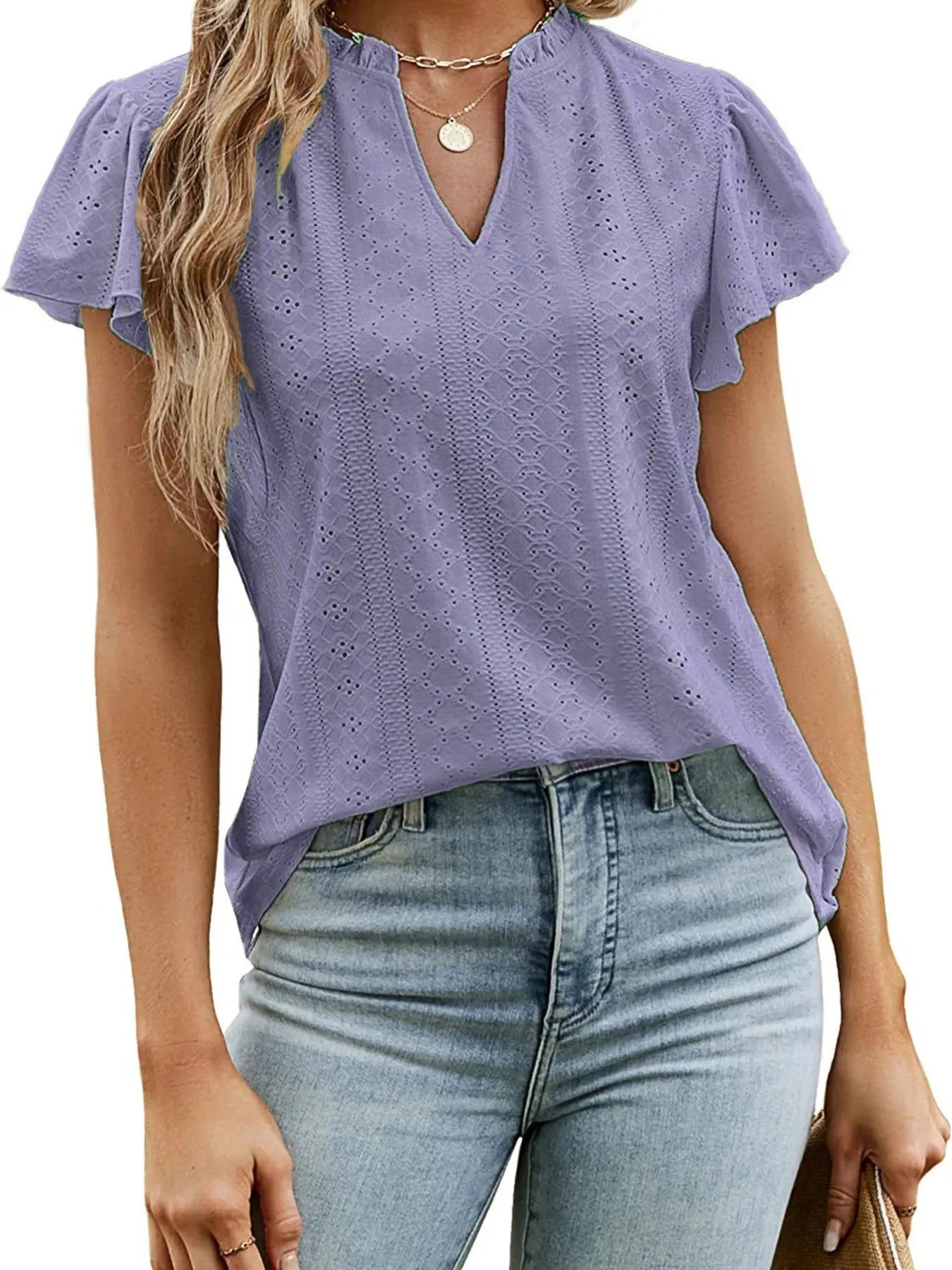 Women's Eyelet Notched Neck Short Sleeve T-Shirt – Lightweight Casual Summer Top | Shop One Place  Shop One Place