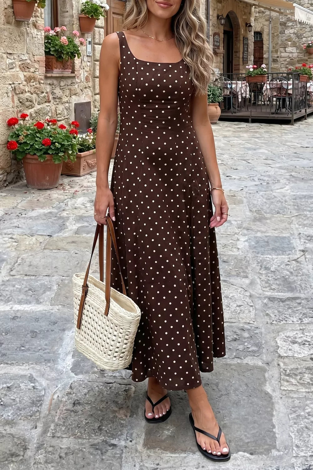 Polka Dot Print Square Neck Sleeveless Vacation Maxi Dress  Shop One Place