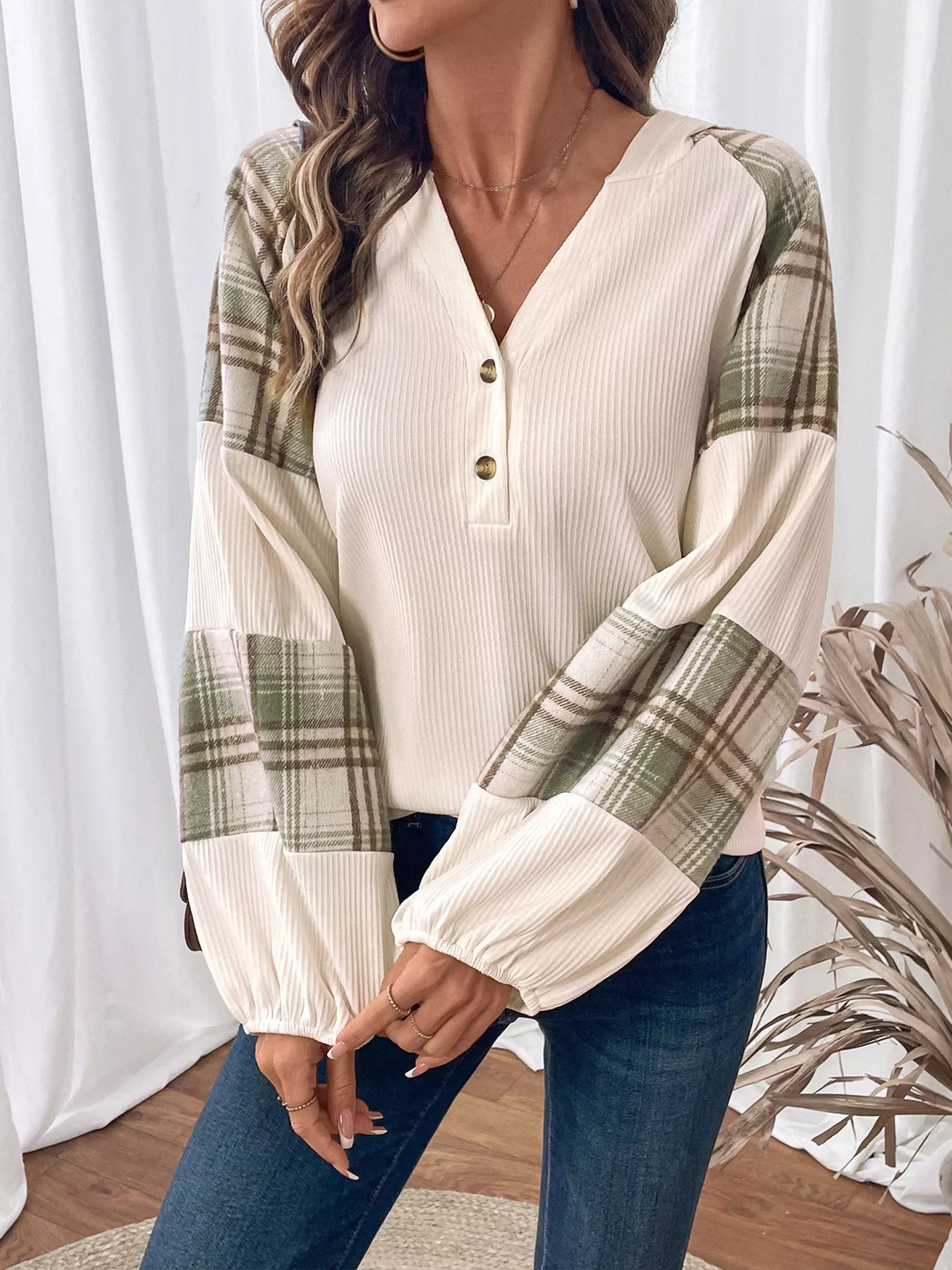 Plaid V-Neck Button Front Sweatshirt  Shop One Place