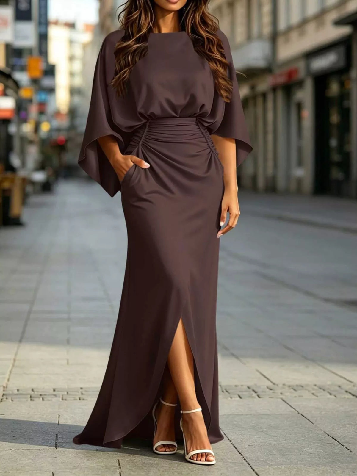 Ruched Waist Maxi Dress with Pockets in Multicolor