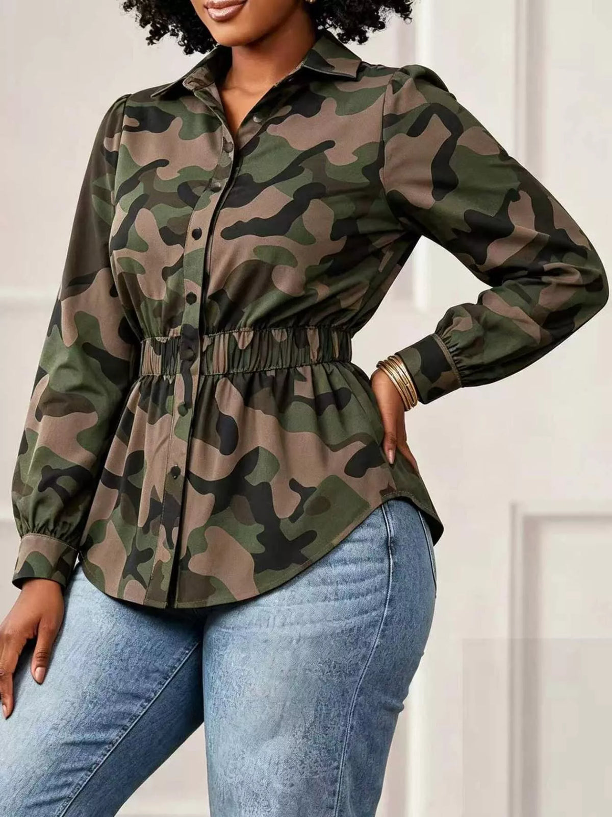 Camouflage Button Front Long Sleeve Blouse  Shop One Place