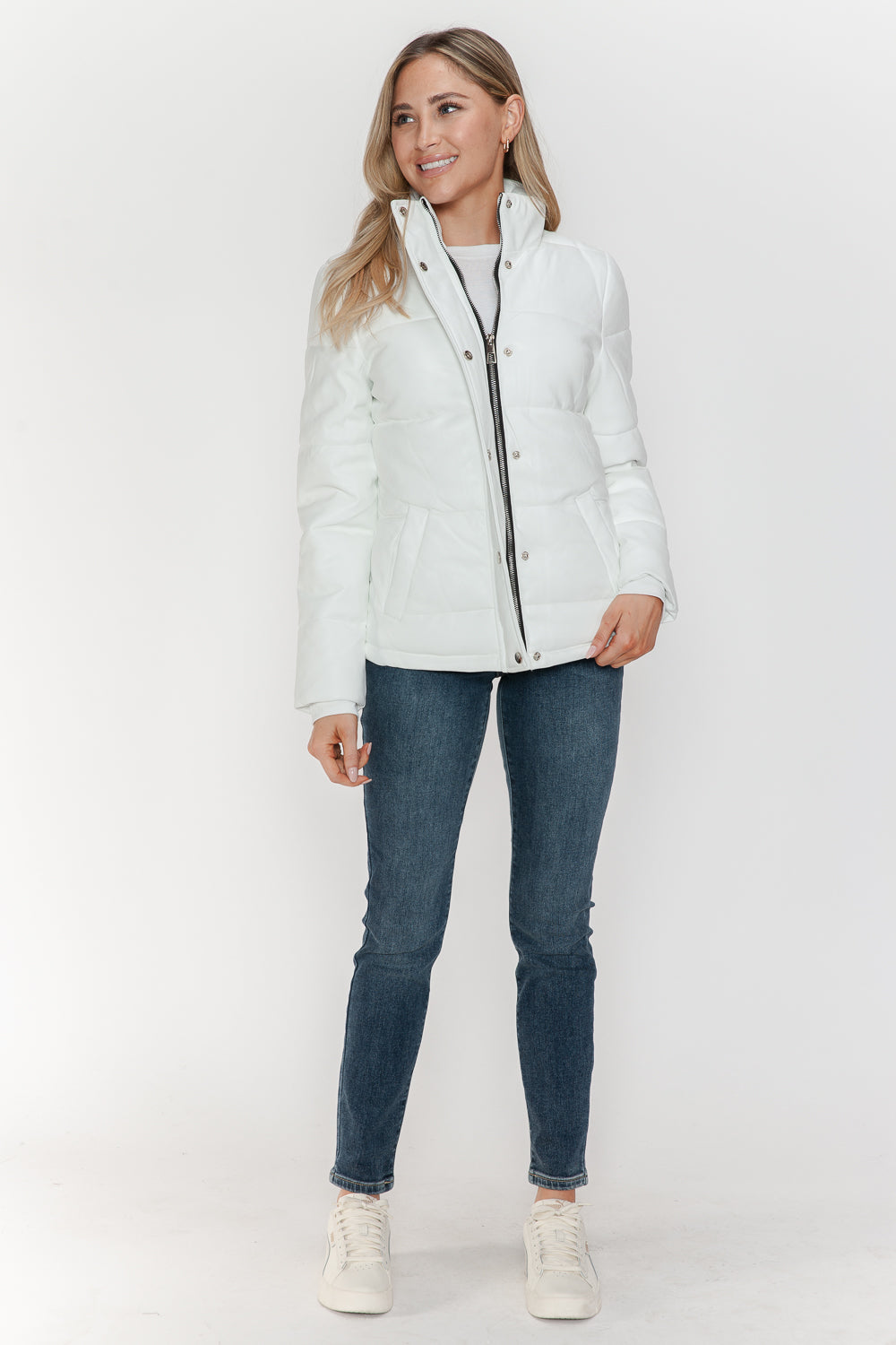 White YMI Pocketed Zip Up Turtleneck Puffer Jacket