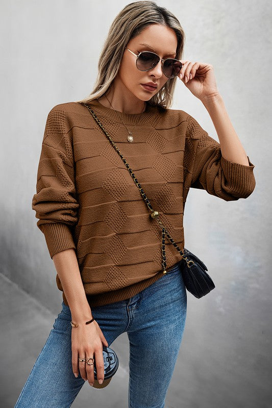 Solid Round Neck Knit Loose Long Sleeves Sweater  Shop One Place