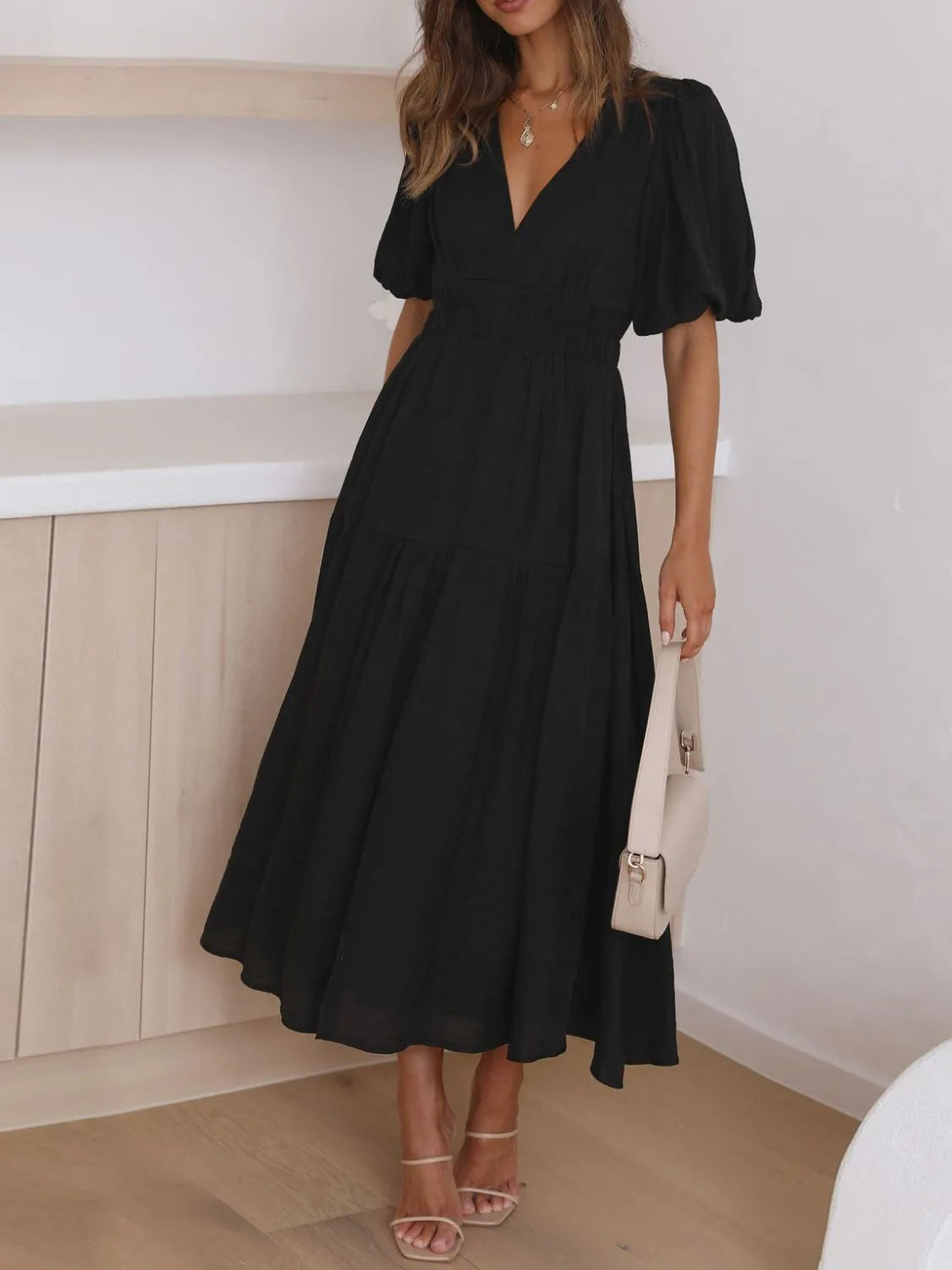 V-Neck Puff Sleeve Midi Dress  Shop One Place