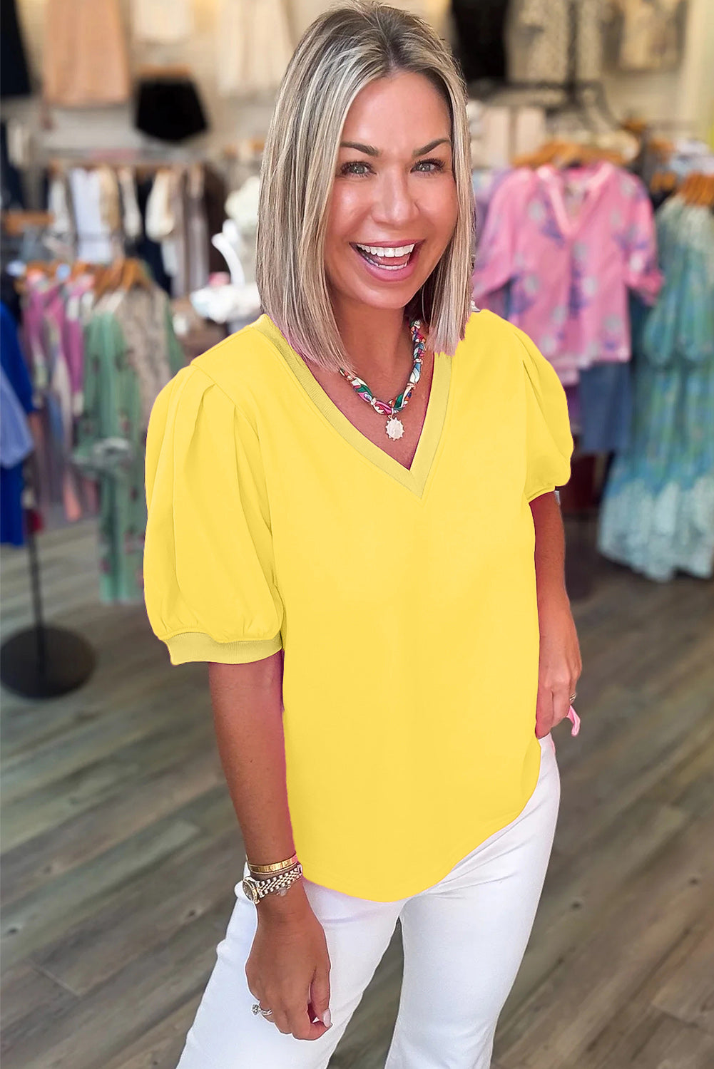 Turquoise Solid Color V Neck Short Puff Sleeve Blouse  Shop One Place