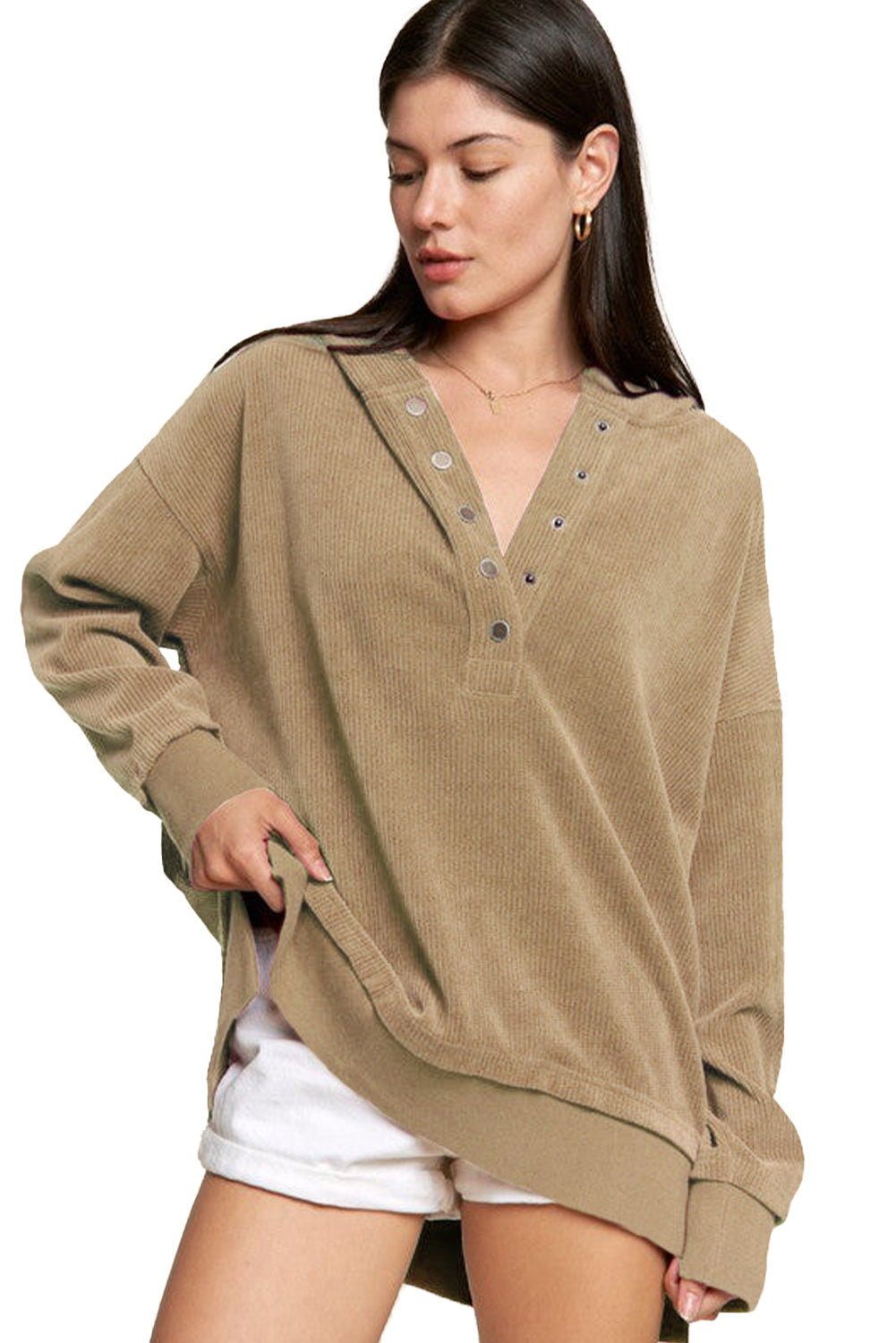 Simply Taupe Solid Ribbed Knit Buttoned Drop Shoulder Oversized Hoodie