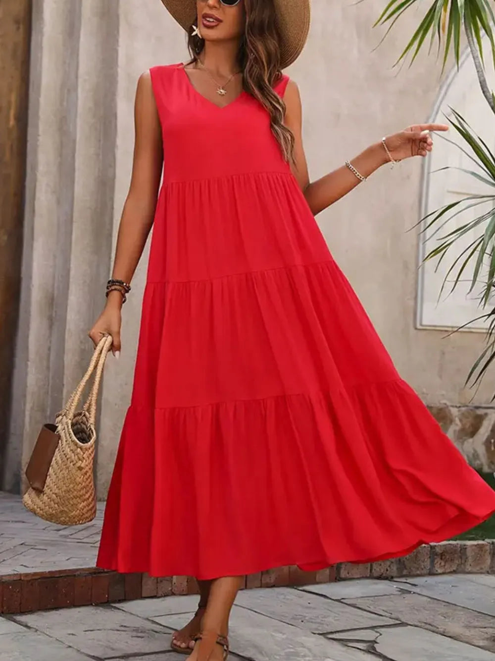 Tiered V-Neck Sleeveless Dress  Shop One Place