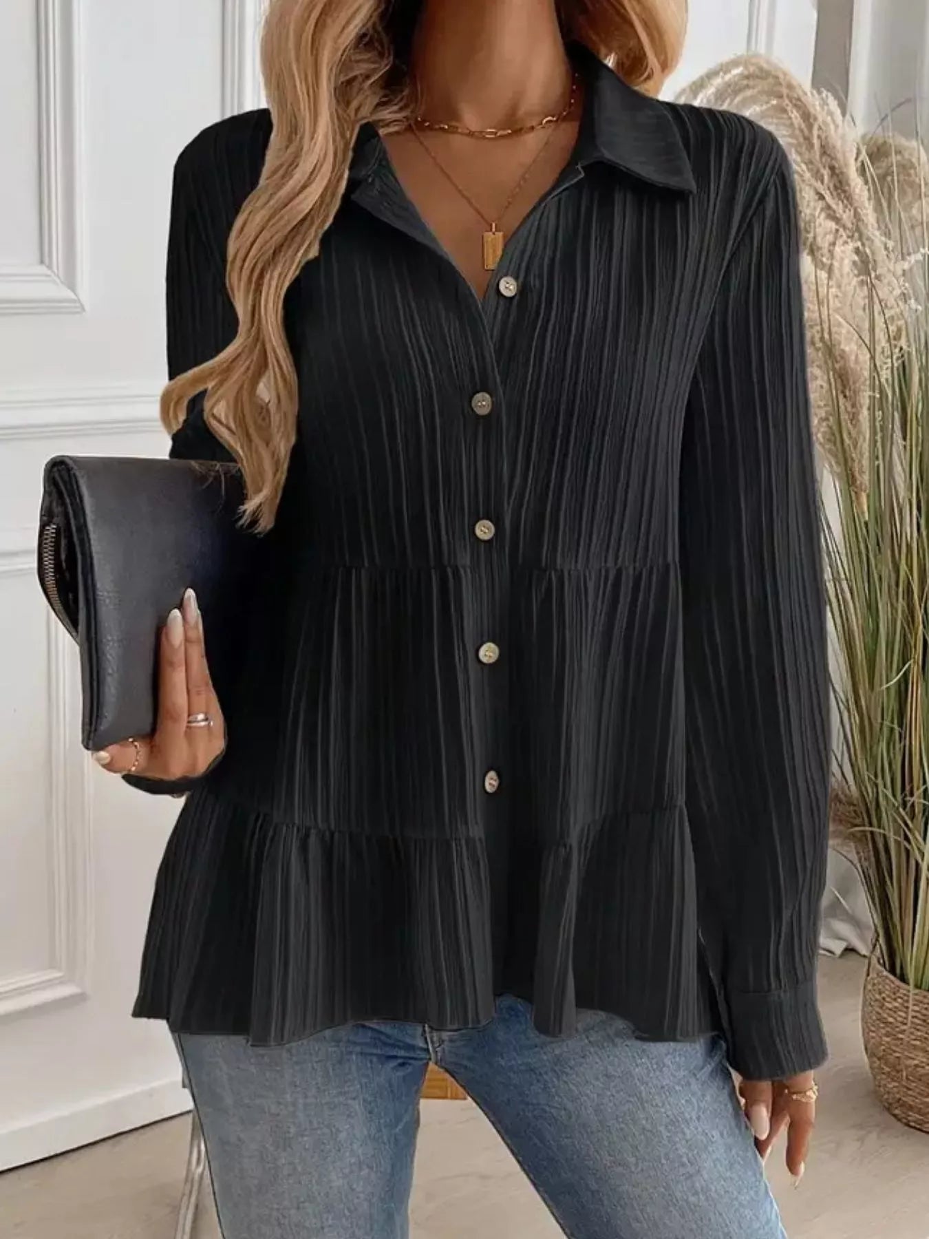 Button-Down Long Sleeve Tiered Shirt  Shop One Place