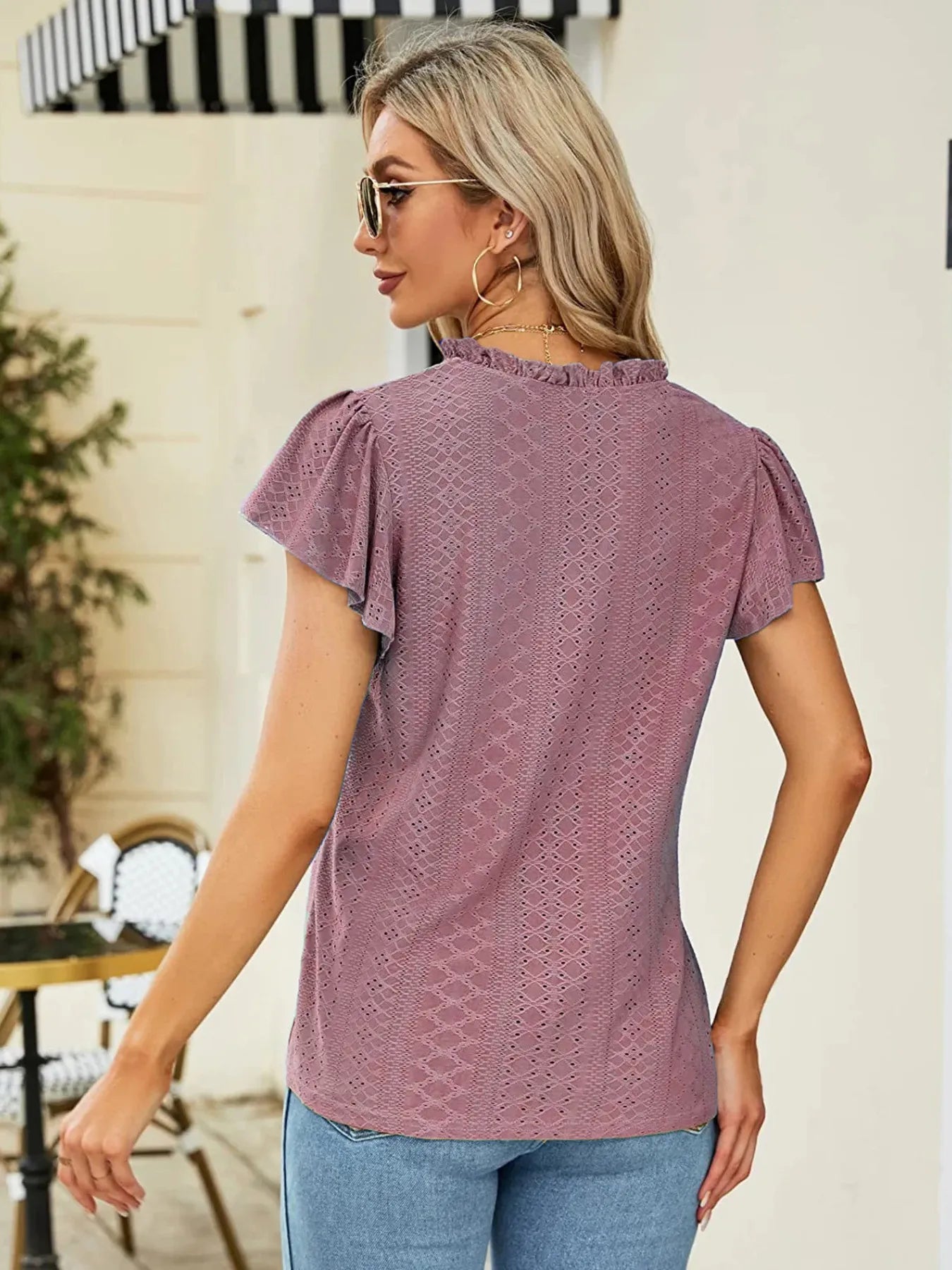 Women's Eyelet Notched Neck Short Sleeve T-Shirt – Lightweight Casual Summer Top | Shop One Place  Shop One Place