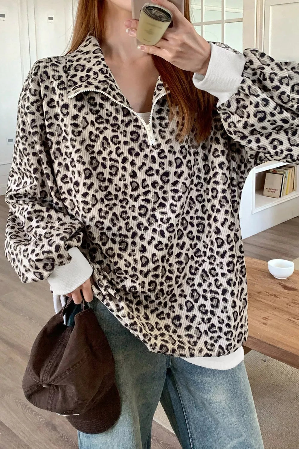 Leopard Print Quarter-Zip Sweatshirt  Shop One Place
