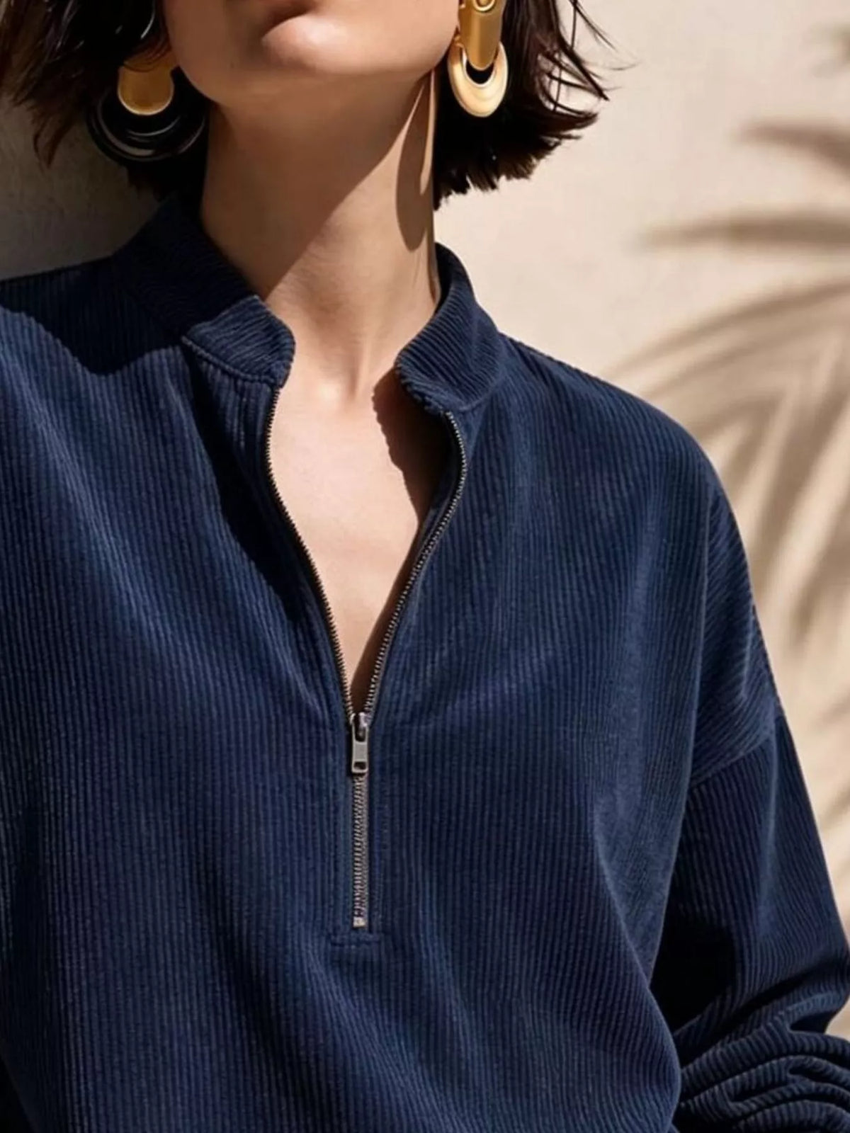 Full Size Half Zip Dropped Shoulder Corduroy Top Plus Size  Shop One Place