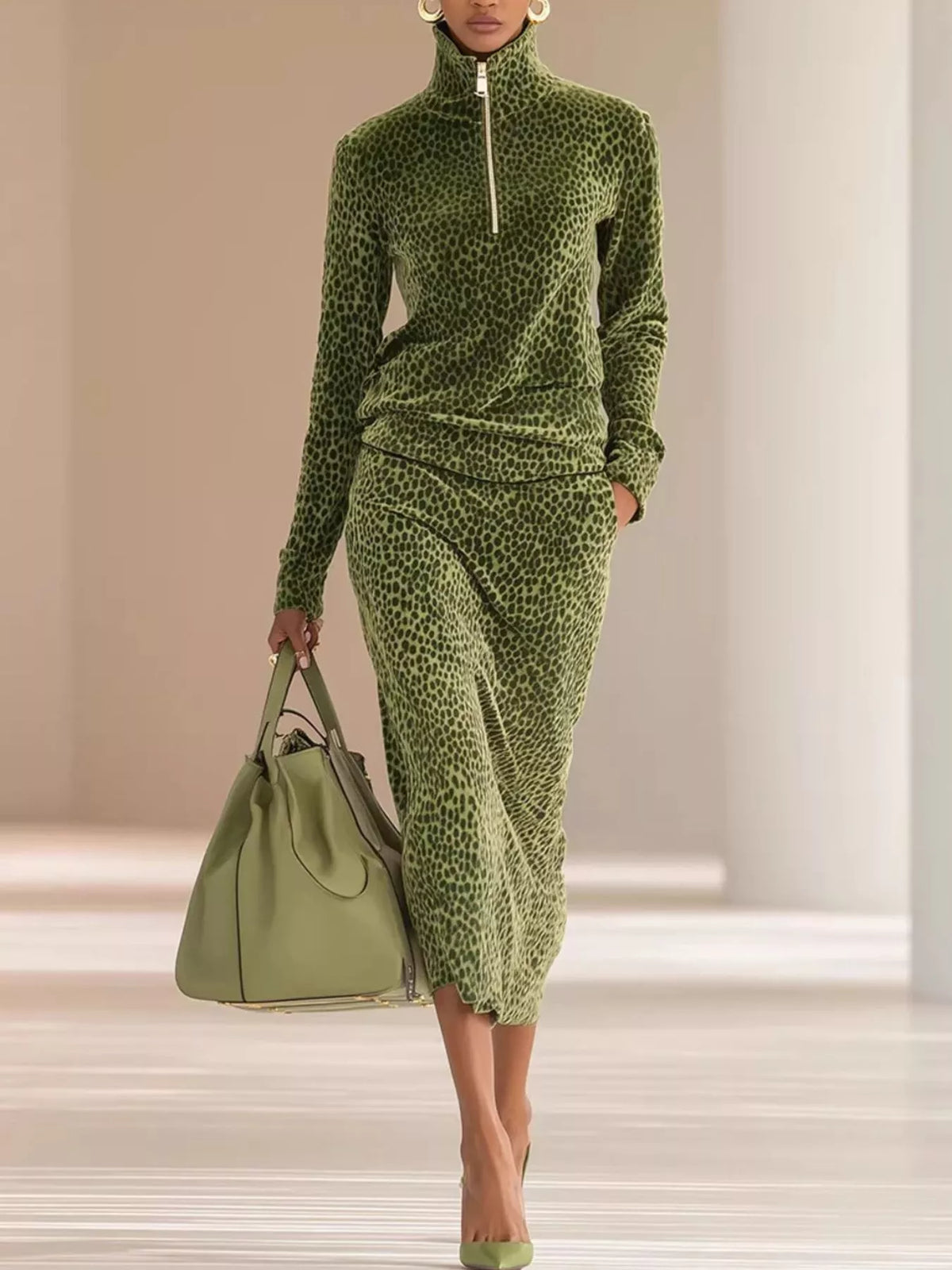Leopard Print Velour Quarter-Zip Top and Skirt Set in Moss