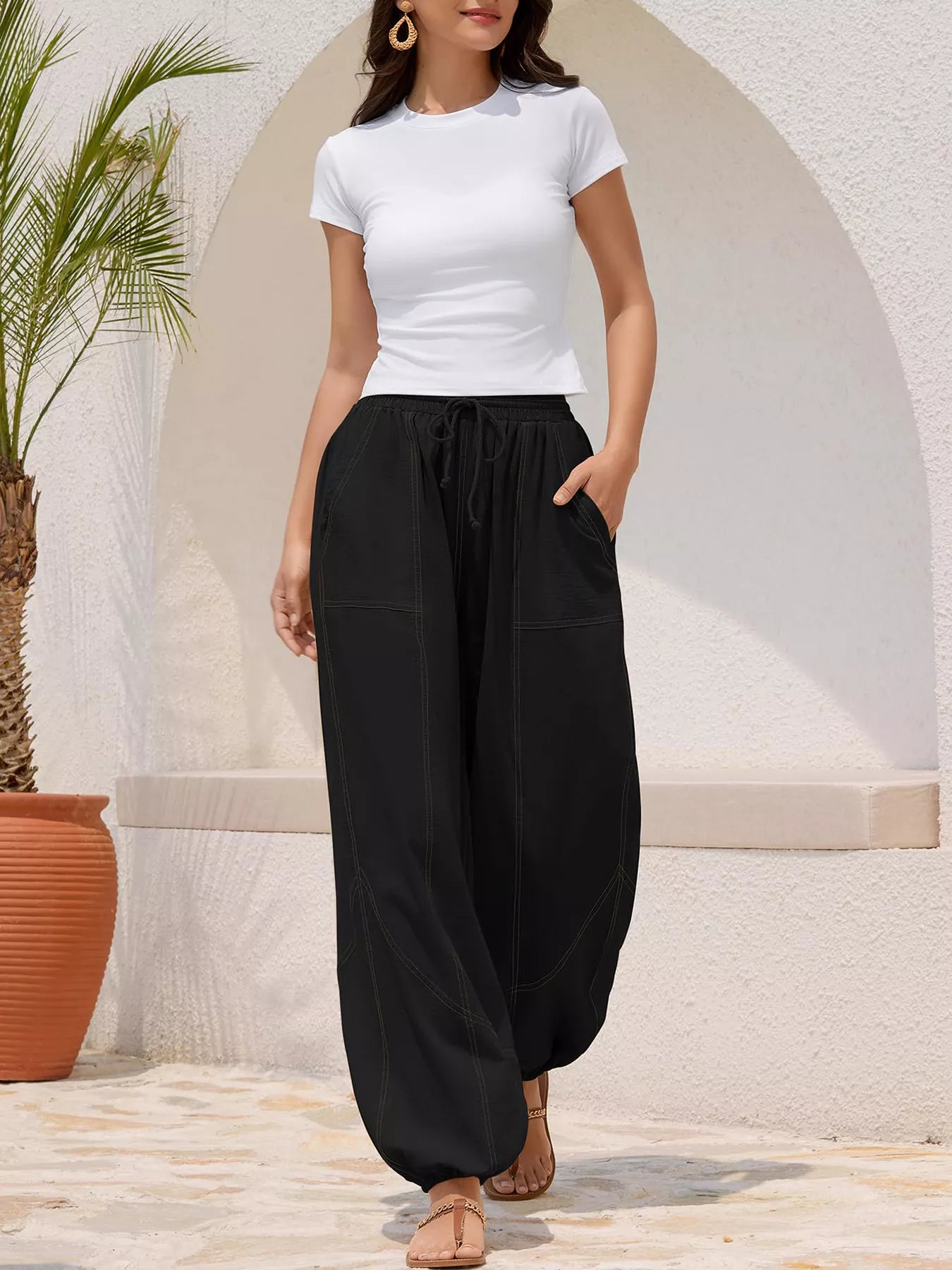 Casual Loose Fit Drawstring Waist Harem Joggers  Shop One Place