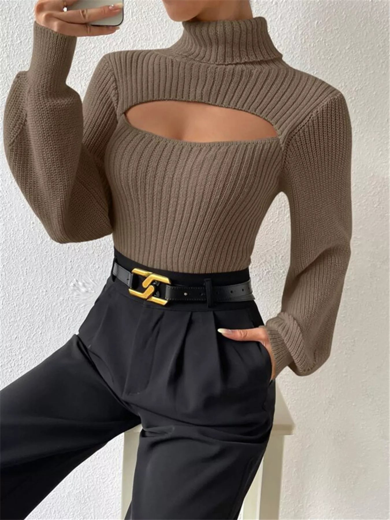 Cutout Front Turtleneck Long Sleeve Sweater  Shop One Place