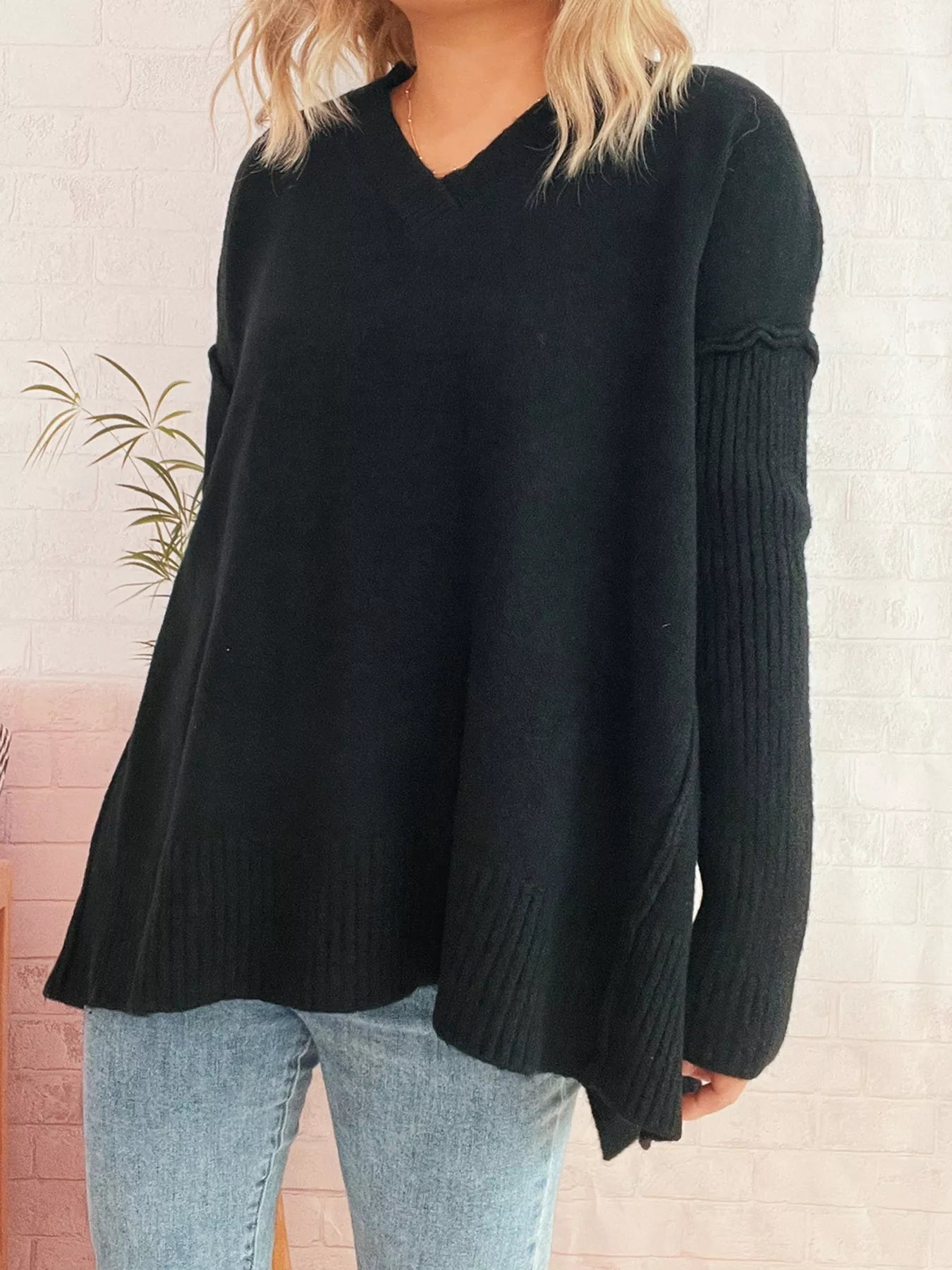 V-Neck Dropped Shoulder Sweater  Shop One Place
