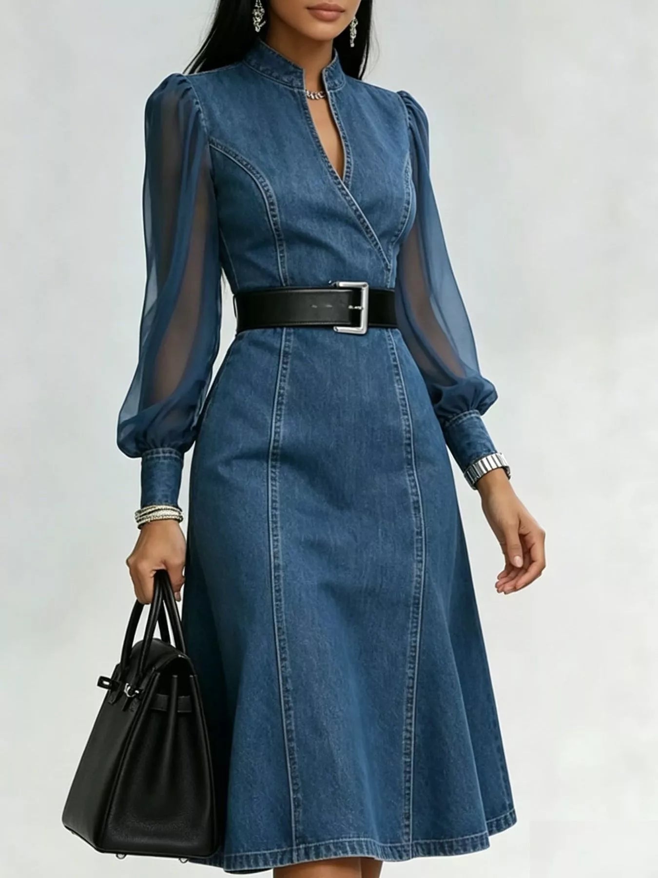 Denim Midi Dress with Sheer Sleeves  Shop One Place