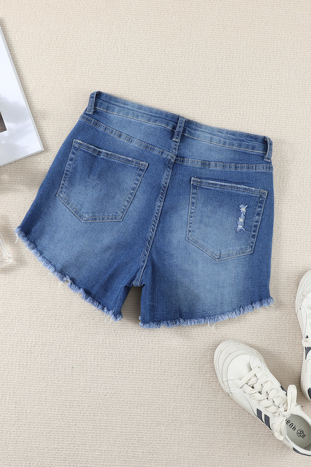 Dark Blue Casual Frayed Hem Denim Shorts