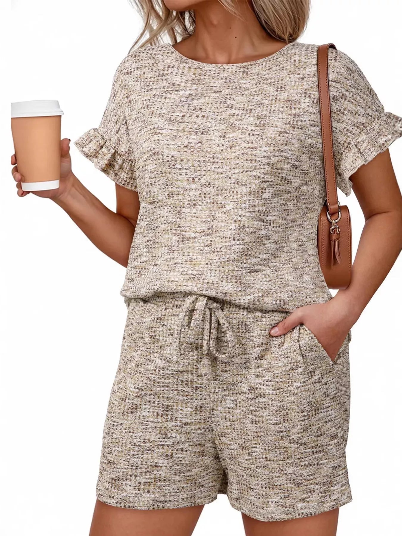 Ruffle Sleeve Textured Top and Shorts Set  Shop One Place
