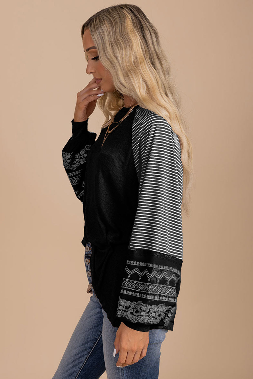 Contrast Print Striped Raglan Long Sleeve Loose Top  Shop One Place