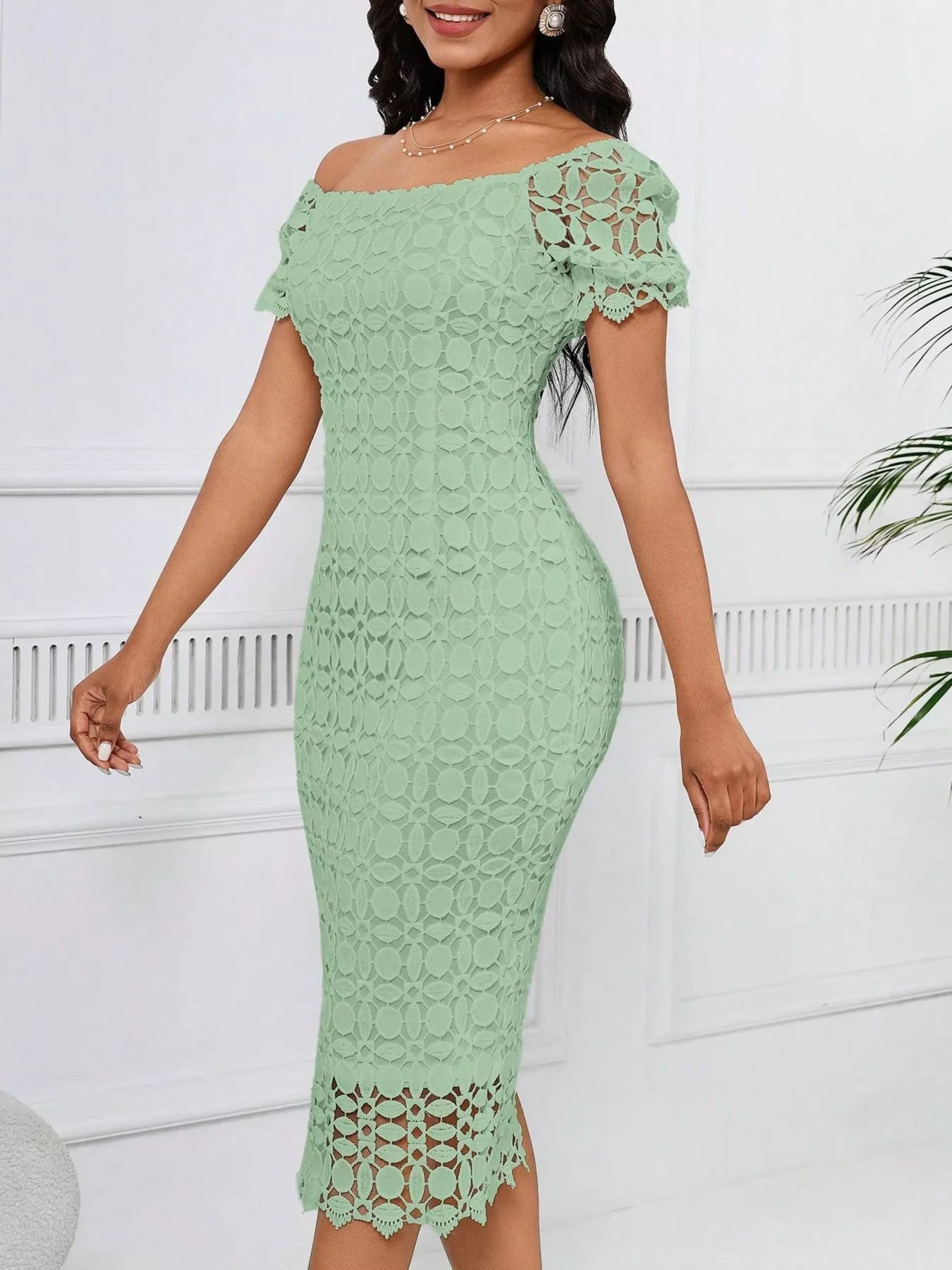 Lace Short Sleeve Midi Dress  Shop One Place