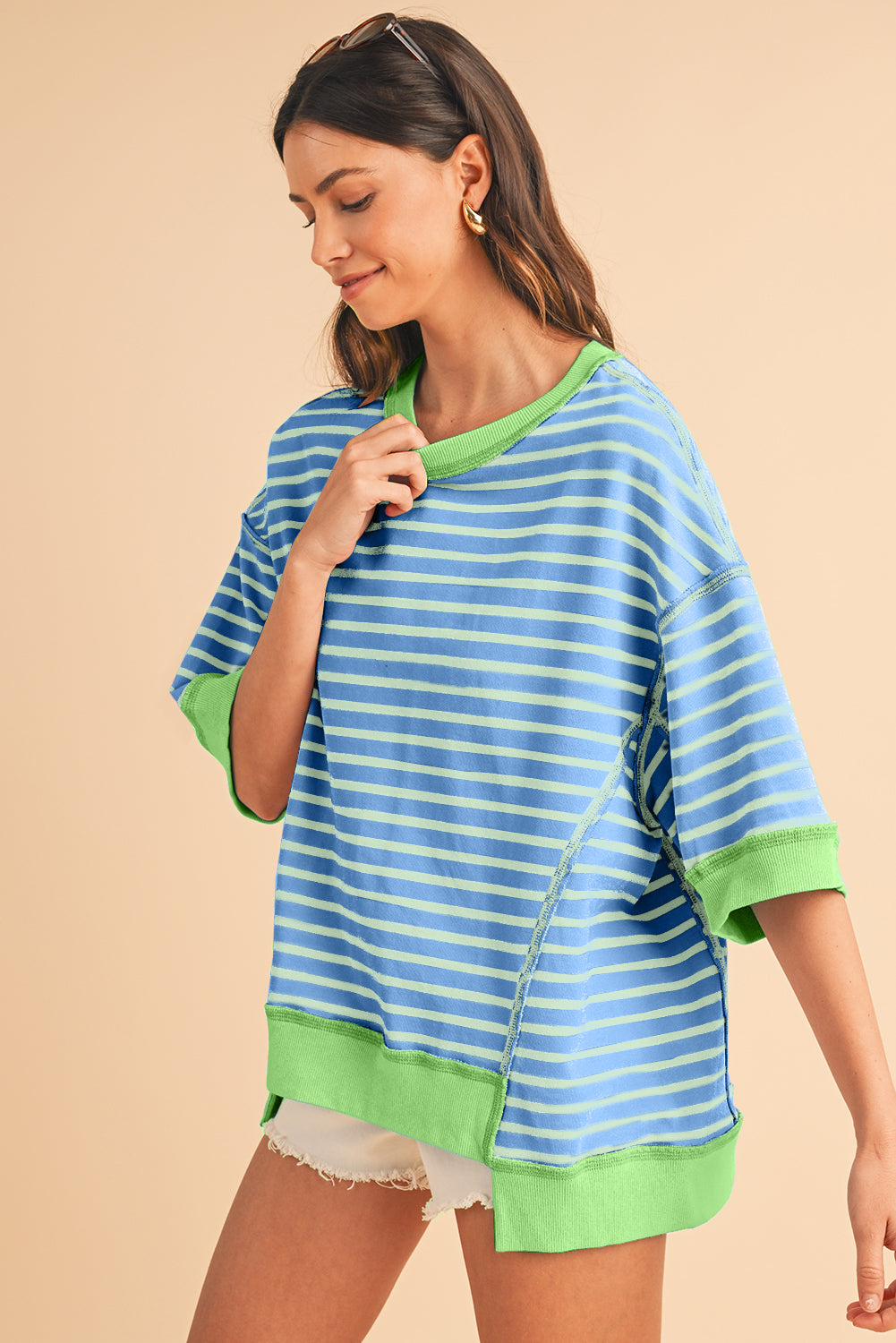 Stripe Colorblock Drop Sleeve Oversized T Shirt