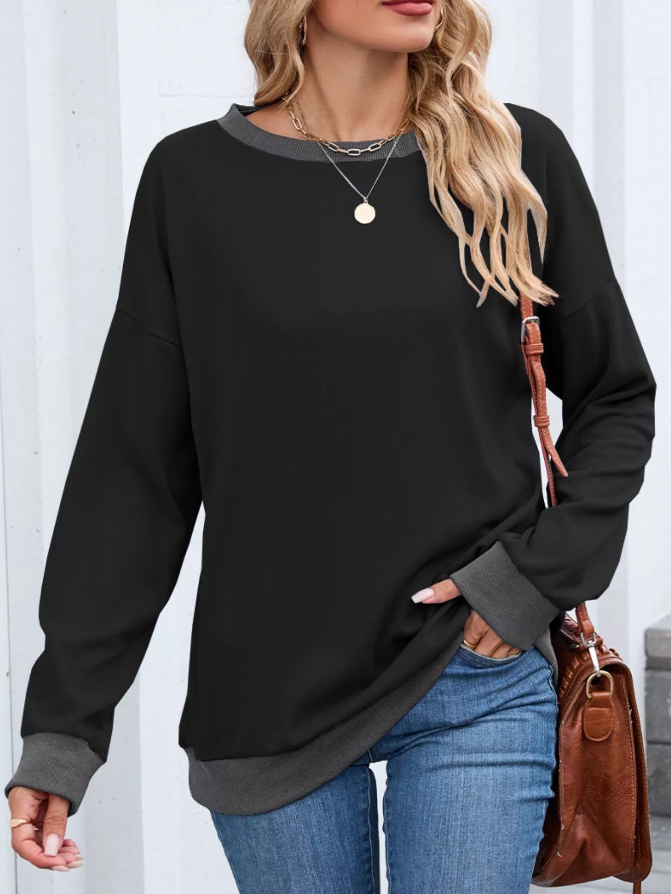 Contrast Trim Long Sleeve Sweatshirt  Shop One Place