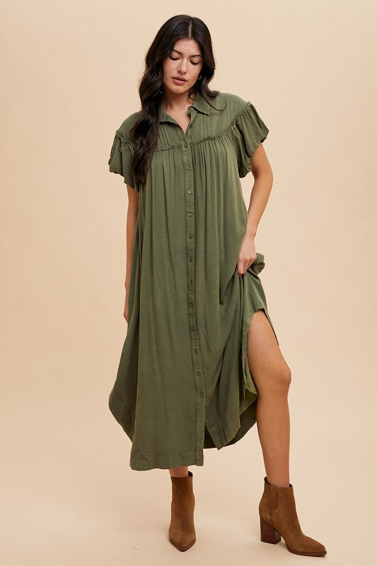 Army Green Annie Wear Mineral Washed Button Down Puff Sleeve Shirt Dress